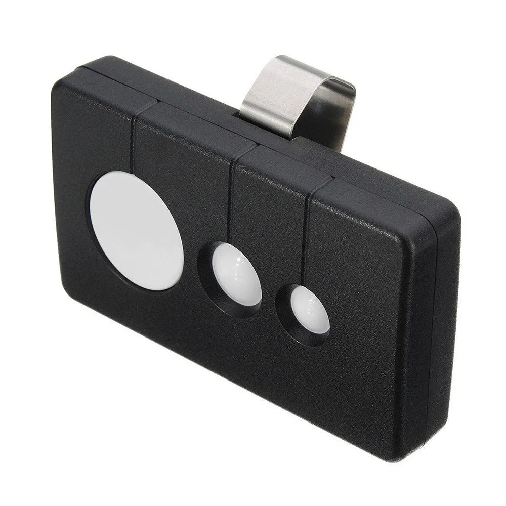Black three-button garage door remote control with 390MHz rolling code, shown front view.