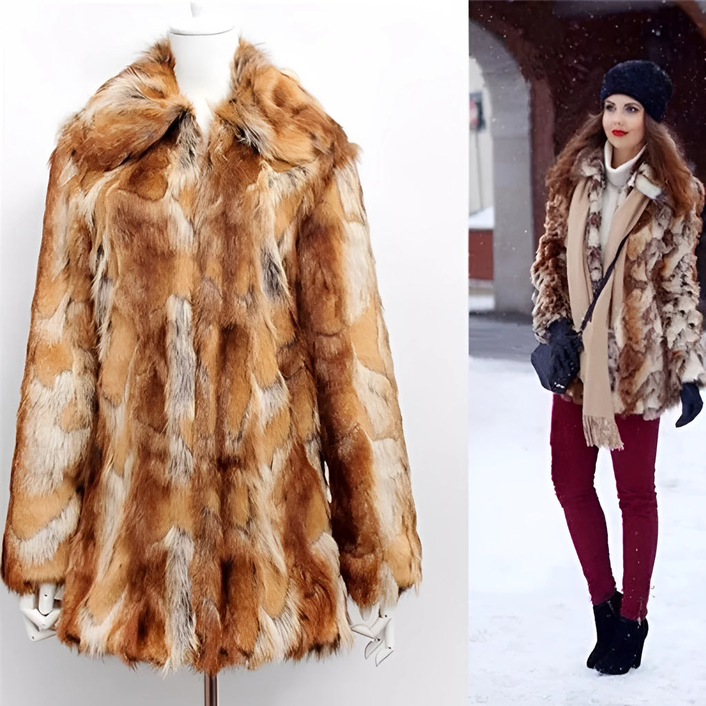 Women's faux fur jacket with black and orange tiger print pattern, medium length street fashion coat.