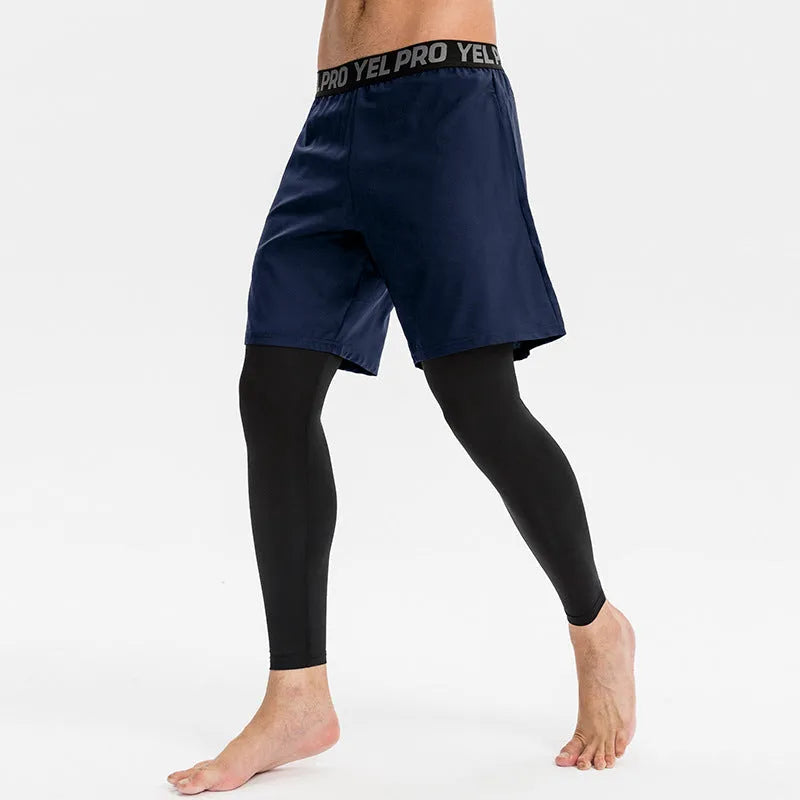 Man wearing grey quick-drying tight-fit polyester spandex sports pants for running.