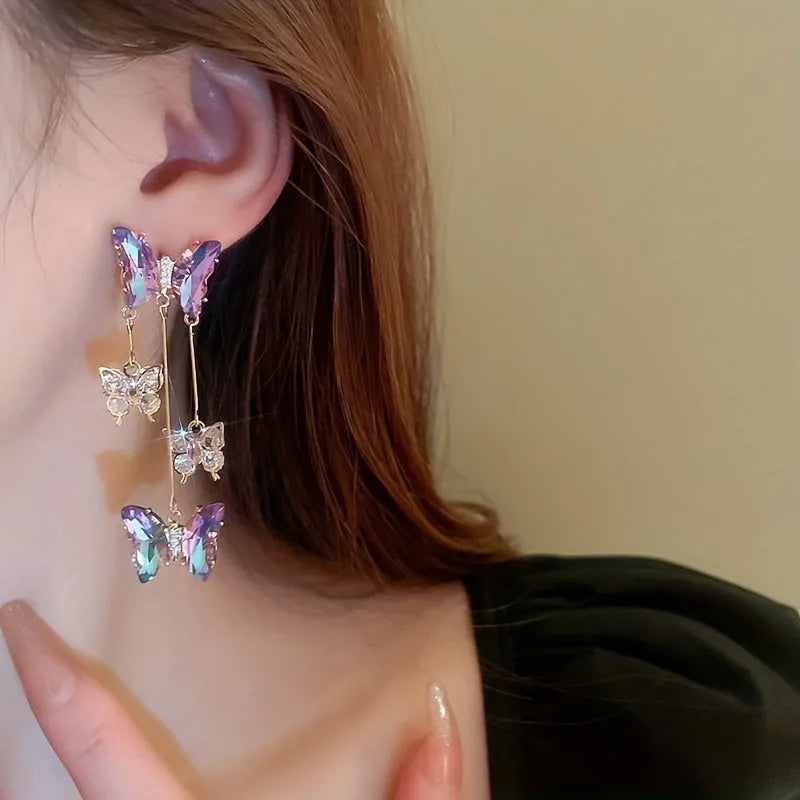Silver needle crystal flowers butterfly tassel earrings with blue purple electroplated alloy design