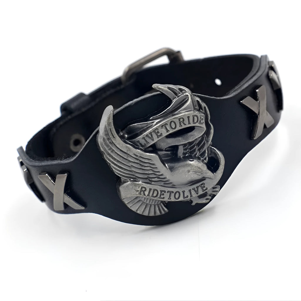 Black geometric eagle design alloy watch-buttom bracelet with leather strap