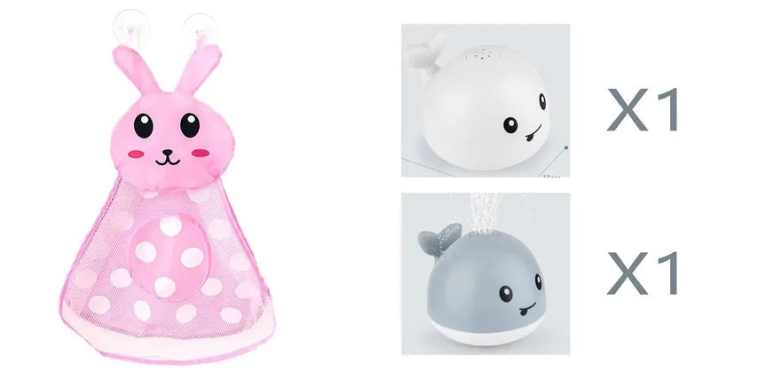 White and blue electric whale bath toy spraying water with flashing lights on base.