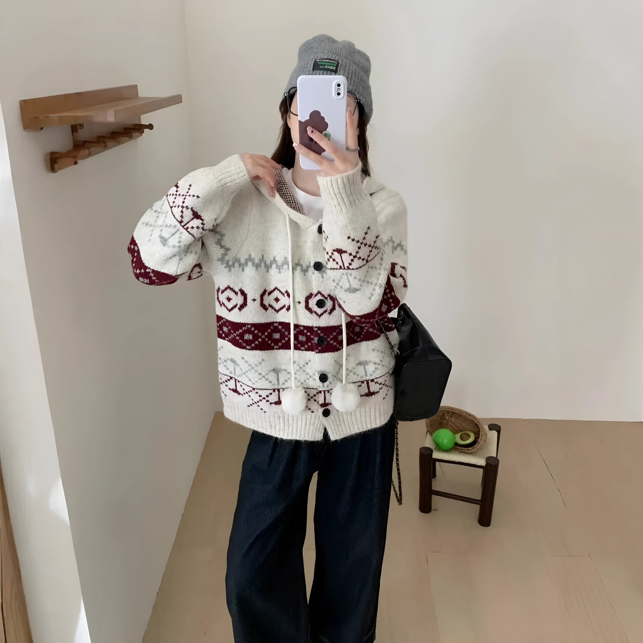 Plus size loose brocade sweater coat with geometric pattern in milky white colour