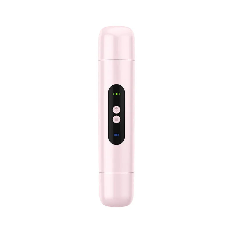Pink and white portable electric body hair trimmer depilator with USB charging cable.