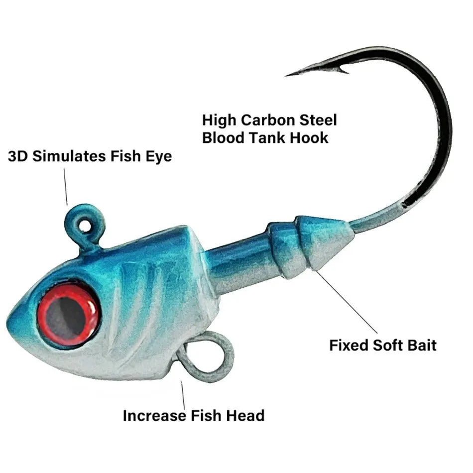 Simulation Yayu shaped lead head fishing jig hooks in blue, silver, and yellow colours showing fish-shaped design.