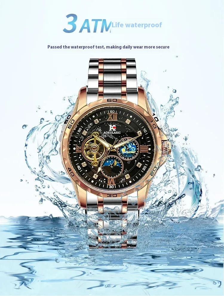 Men's automatic mechanical watch with rose gold shell, black dial, and large multifunctional display.