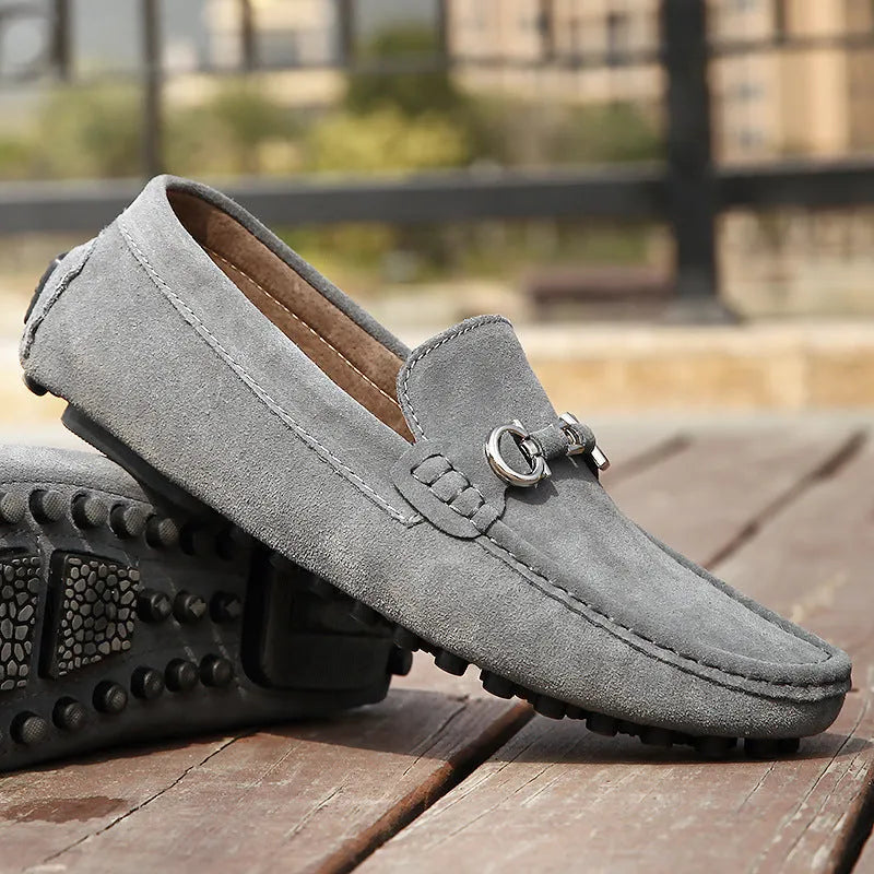 Men's matte cowhide leather slip-on shoes with square toe and rubber sole in black colour