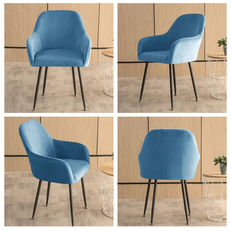 Velvet plush high armrest dining chair cover in beige, camel, grey or blue stretch fit for household and hotel dining chairs.