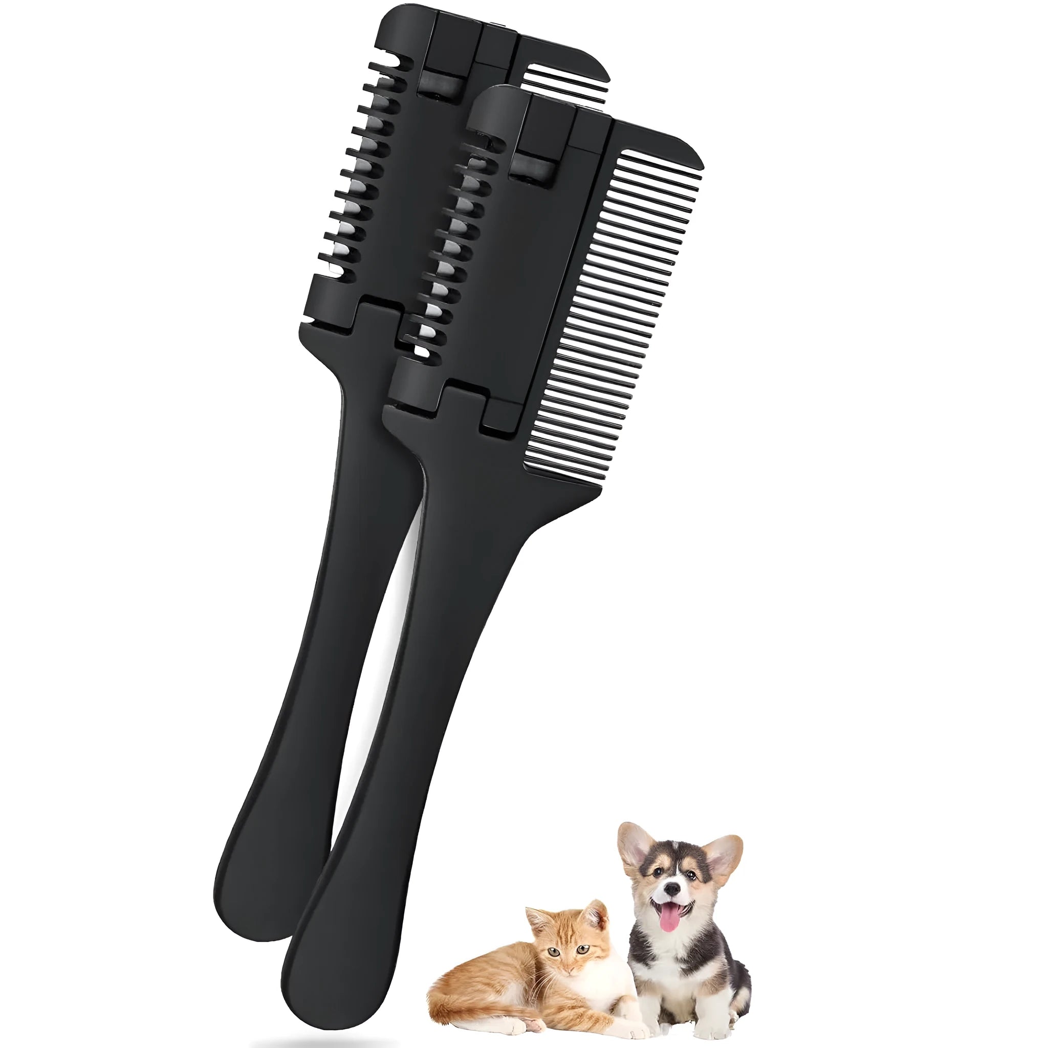 A handheld razor comb for pets showing the comb teeth and integrated trimming blade.