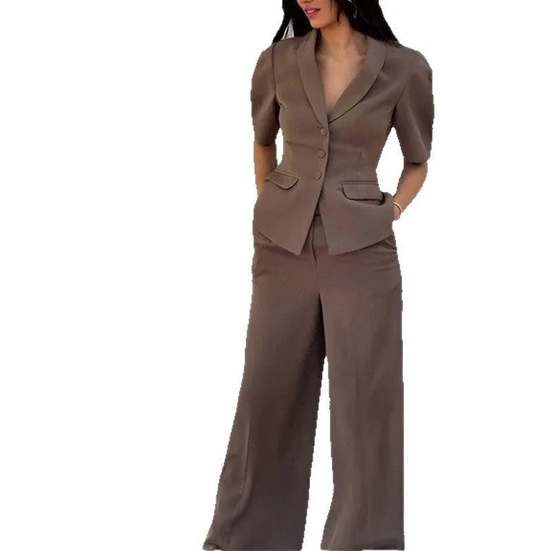 Brown polyester men's slim fit suit with trousers and long sleeve top