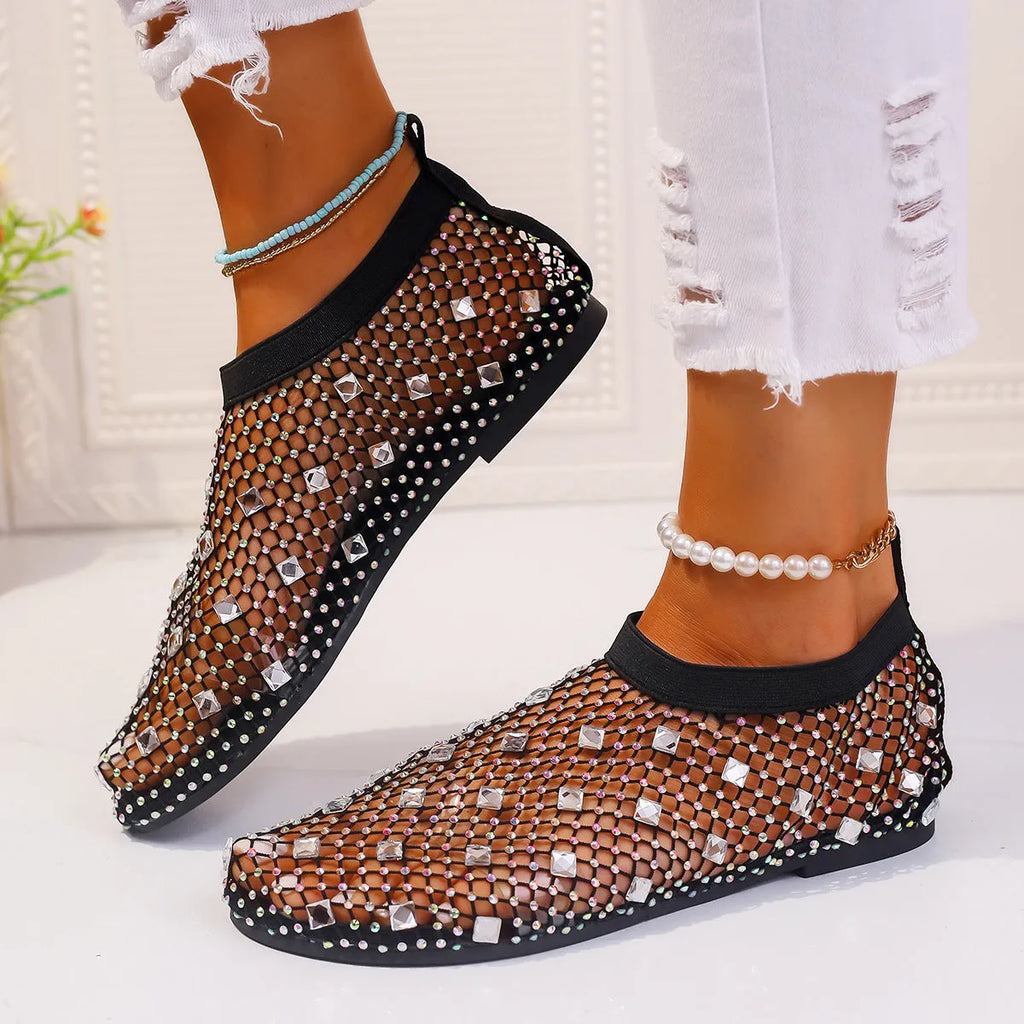 Women's mesh flat sandals with colourful rhinestone design and round toe
