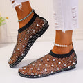 Women's mesh flat sandals with colourful rhinestone design and round toe