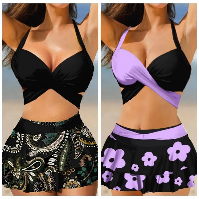 Women's purple bikini swimsuit with matching skirt showing lace-up detail and high waist briefs style