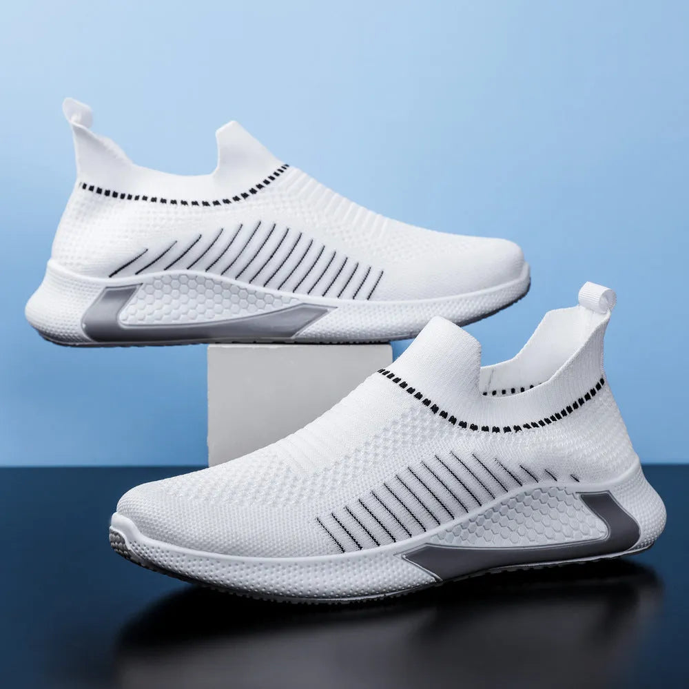 Men's striped mesh sock shoes with flyknit upper and lace-up closure in multiple colour options