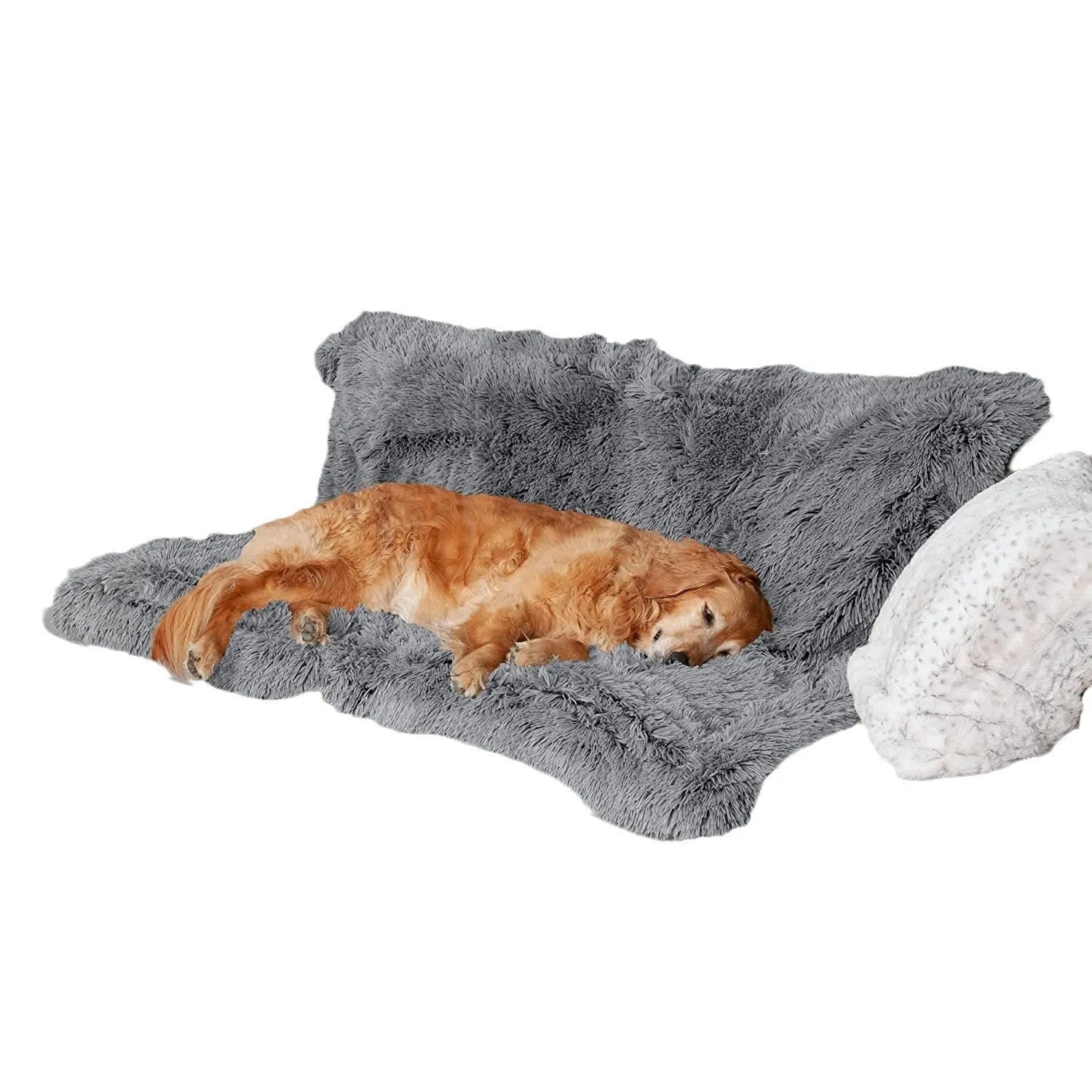 Plush waterproof dog cushion in dark grey, showing double layer thickened design for pet bedding.