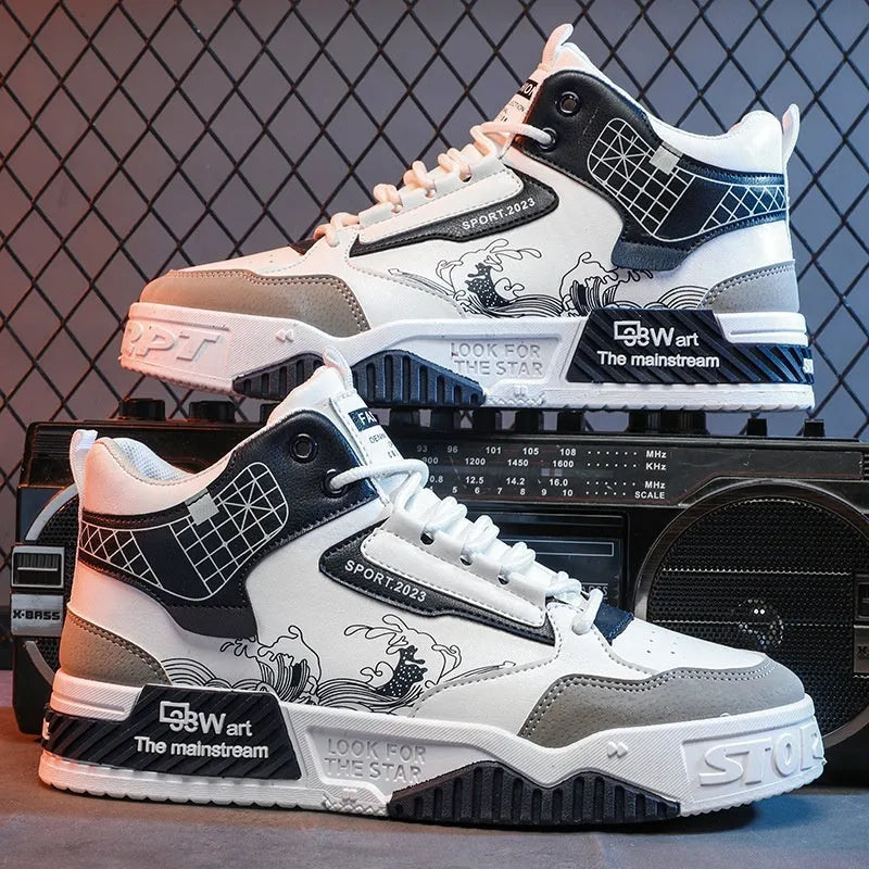 Men's beige, white, and blue high-top lace-up board sneakers on a white background.
