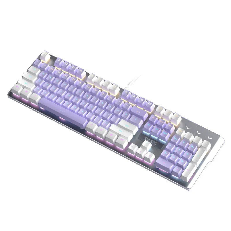 Purple and white mechanical keyboard and mouse set with backlight illumination on desk