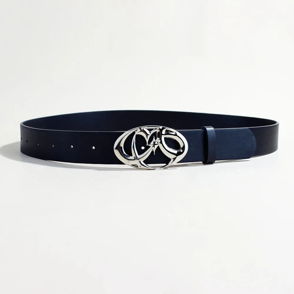 Men's silver buckle casual belt with PU leather strap and snap button closure