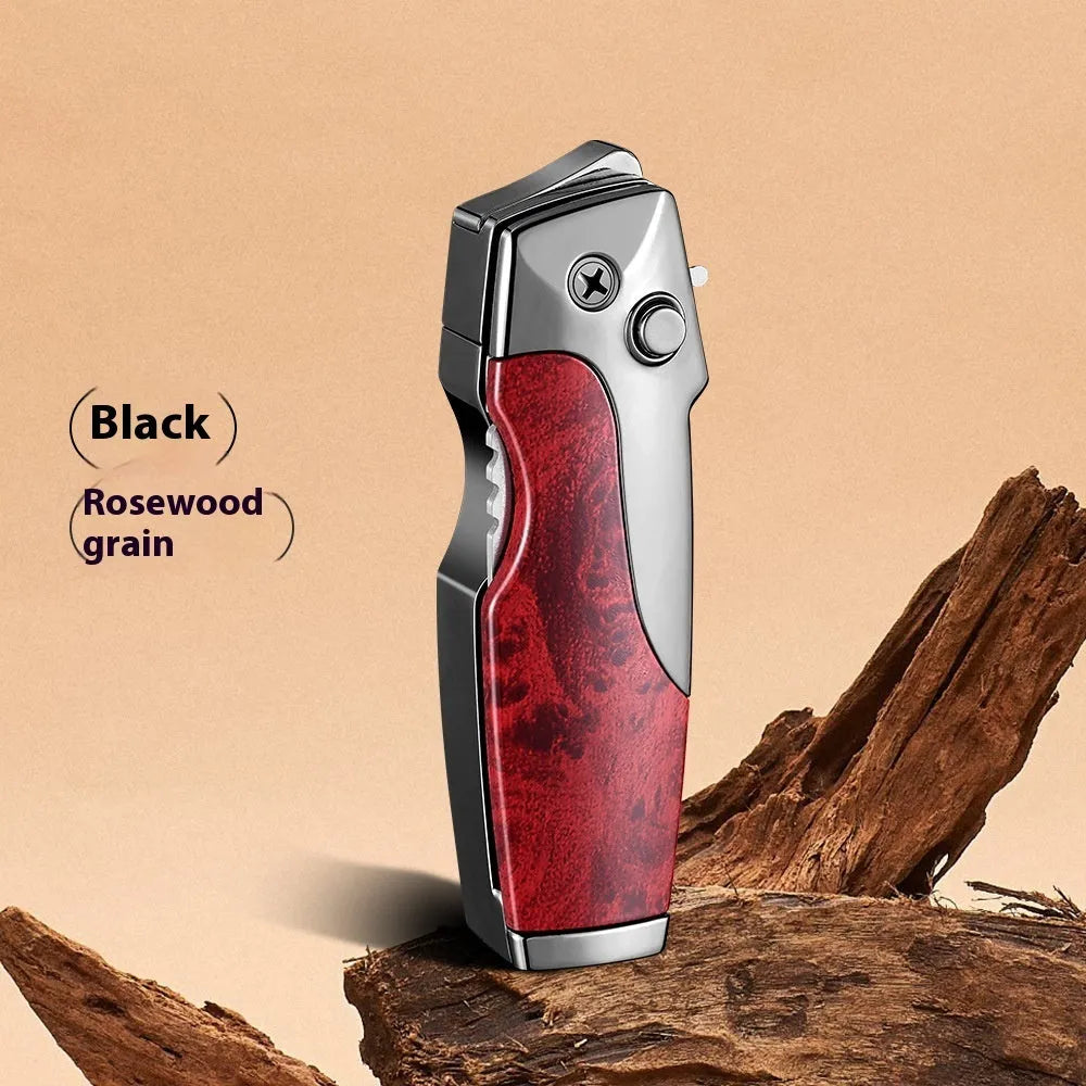 Metal folding knife lighter in camouflage finish showing unfolded blade and jet flame