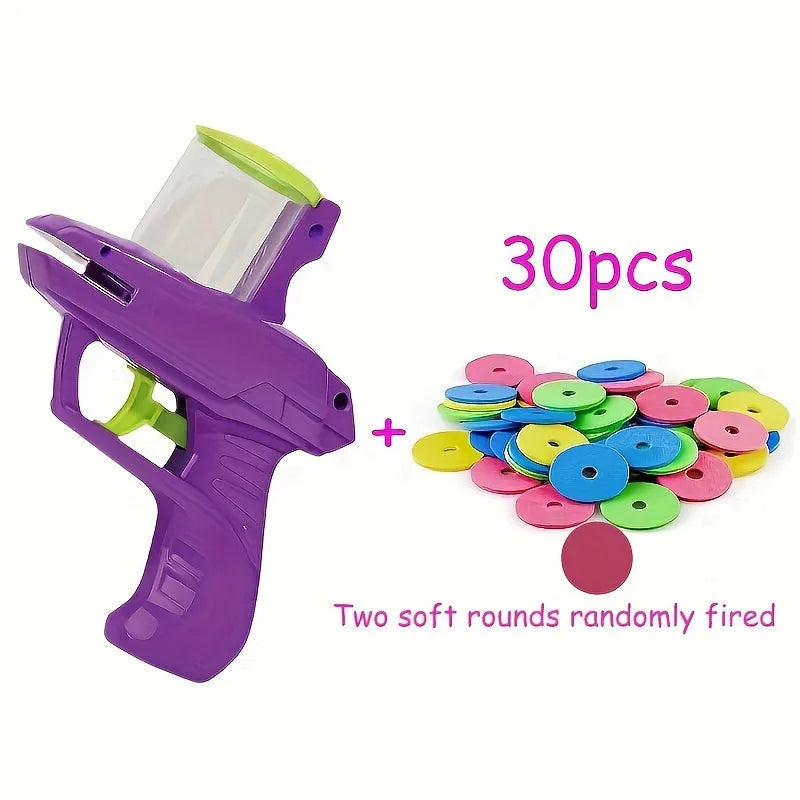 Green and purple battery-free interactive cat toy launcher with foam discs