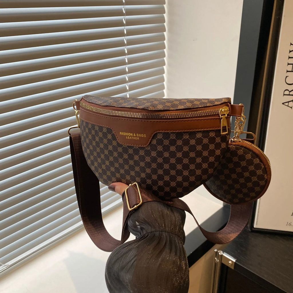 PU retro print crossbody bag with mobile phone compartment and sandwich pocket in black, brown, or coffee
