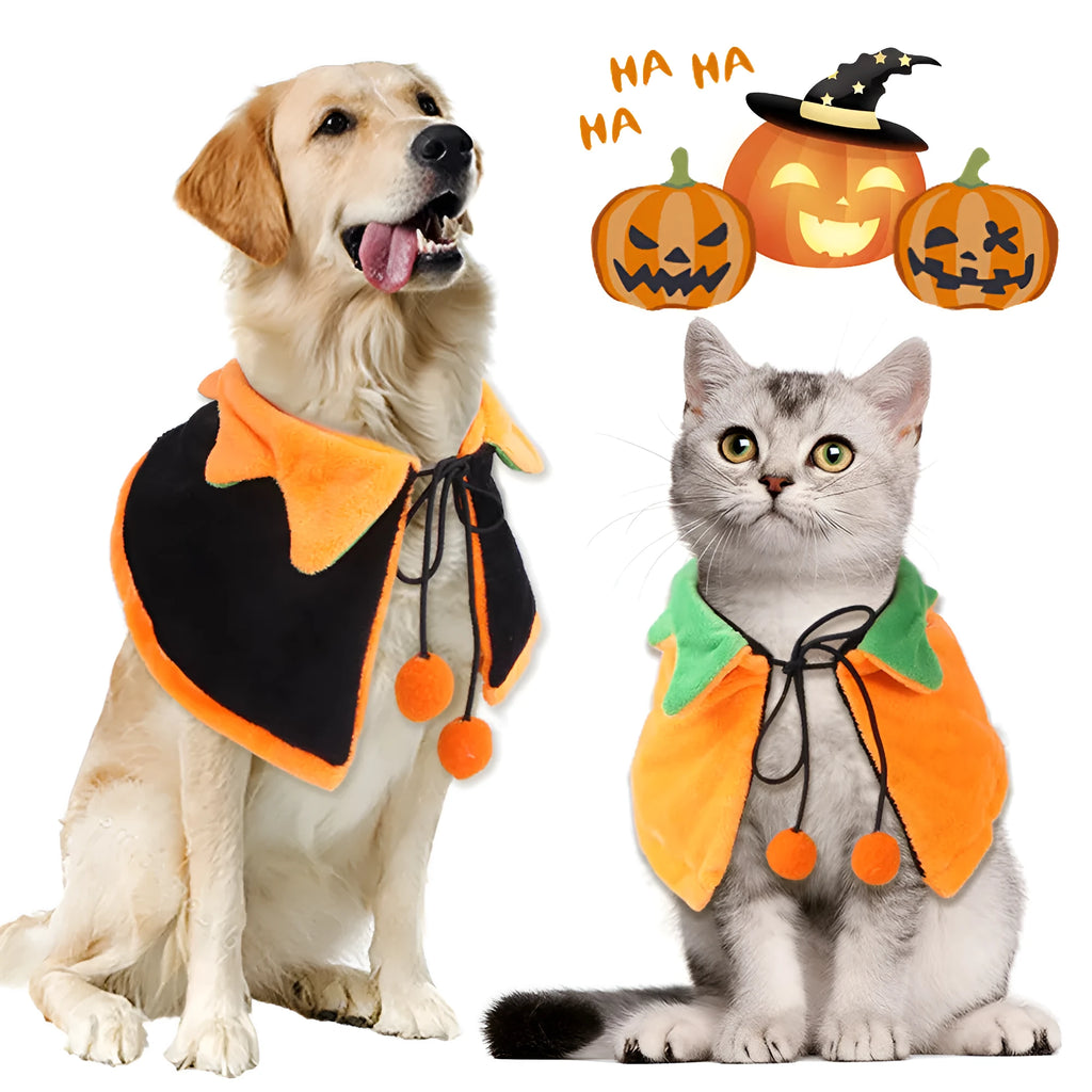 Orange plush Halloween pumpkin cloak for dog or cat costume on pet