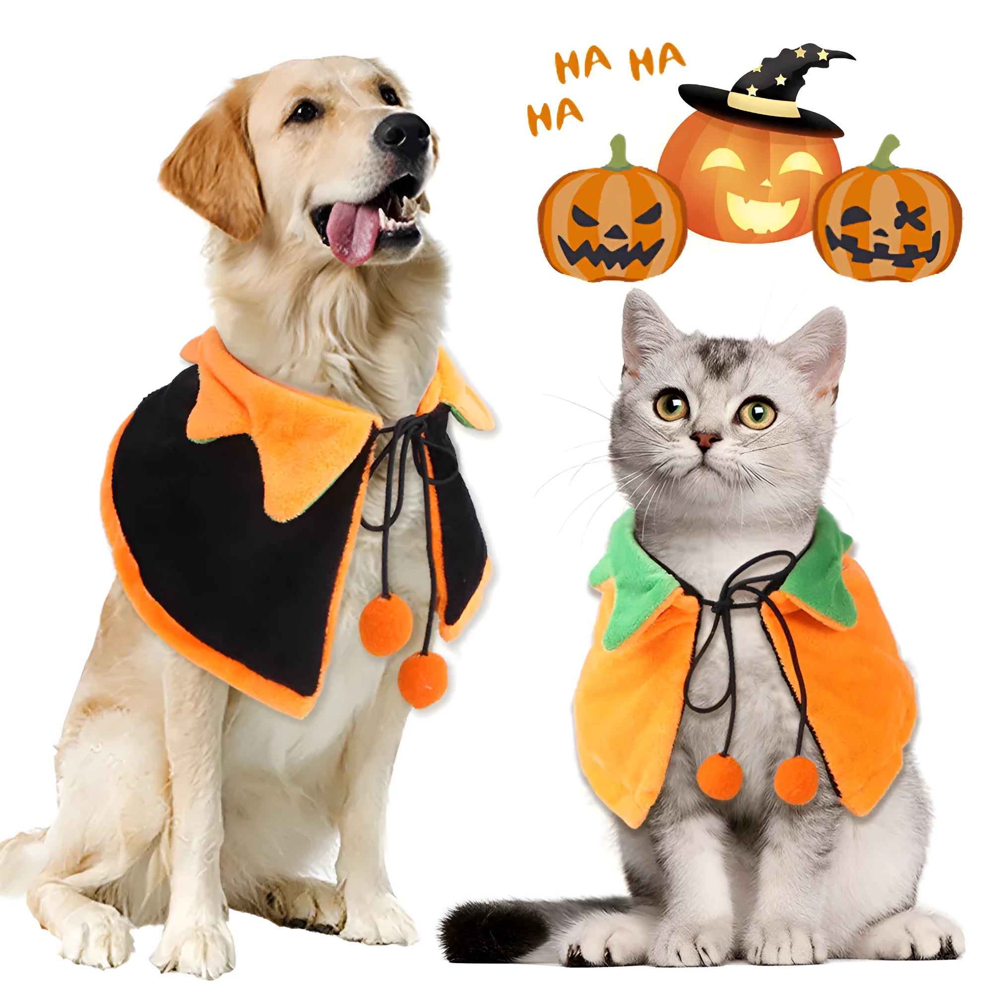 Orange plush Halloween pumpkin cloak for dog or cat costume on pet