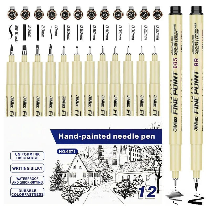 Cartoon sketch needle drawing pen with hand-drawn syringe design, black refill, 133mm plastic body