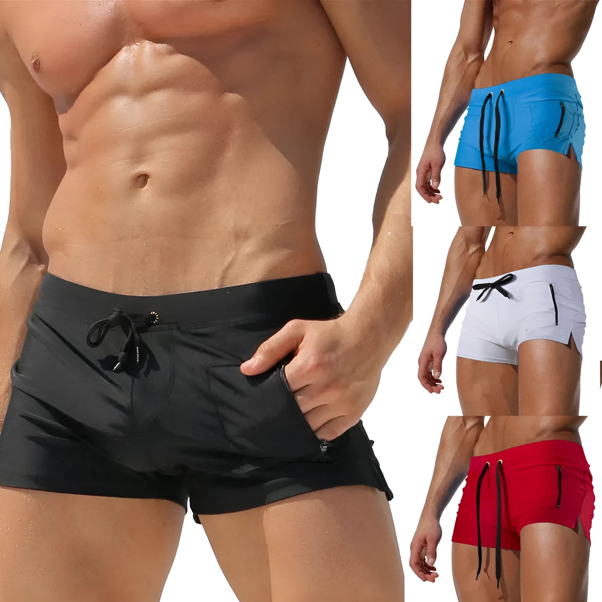 Men's black polyester swimming trunks with high waist lace-up design for swimming and fitness activities