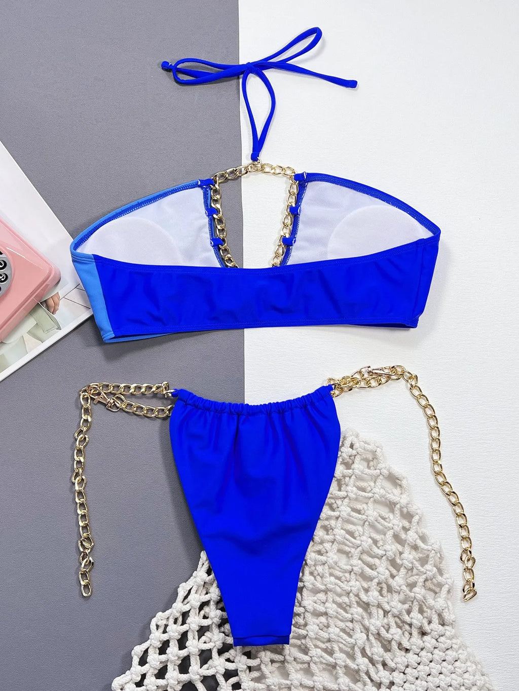 Solid blue colour women's split bikini swimsuit with separate top and bottom pieces