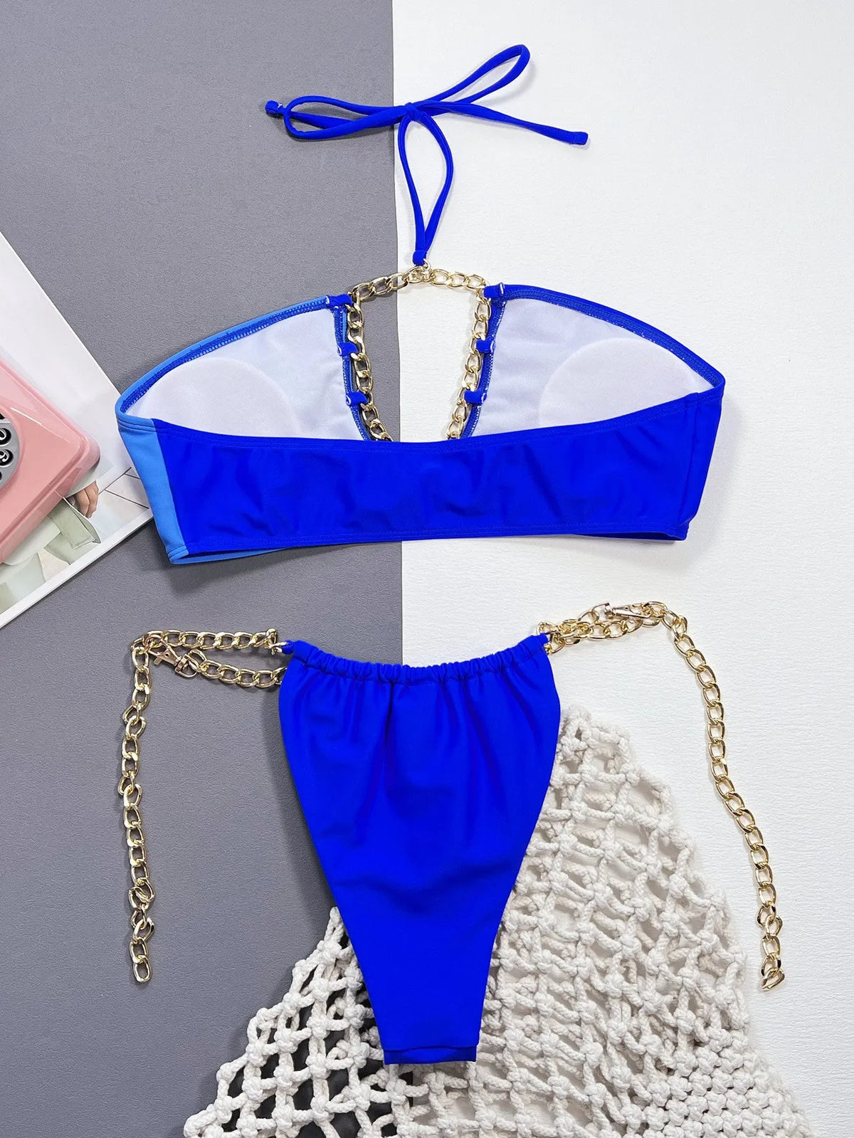 Solid blue colour women's split bikini swimsuit with separate top and bottom pieces