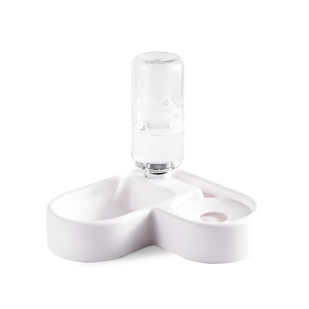 White pet water fountain with stainless steel top, showing water flowing from the centre.
