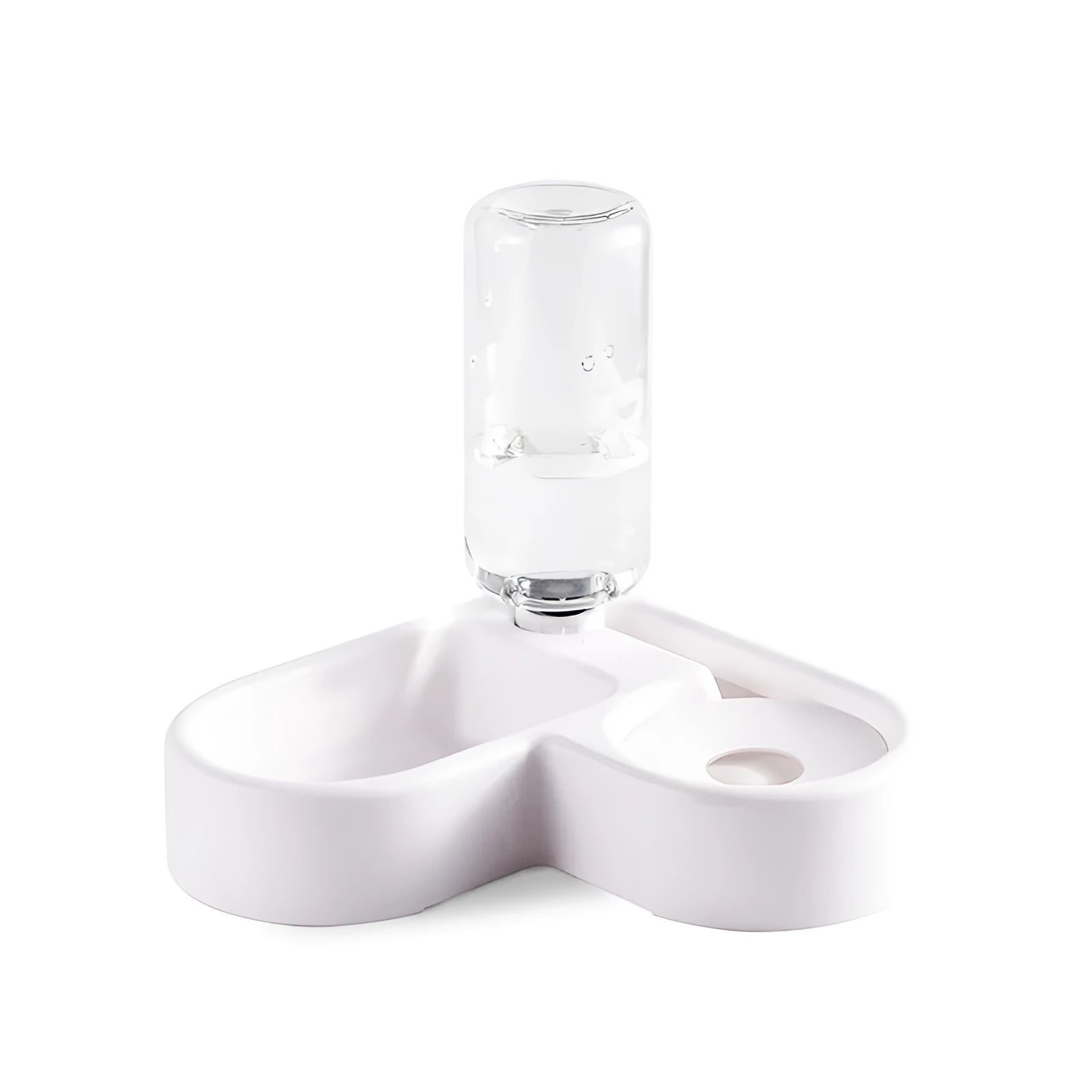 White pet water fountain with stainless steel top, showing water flowing from the centre.