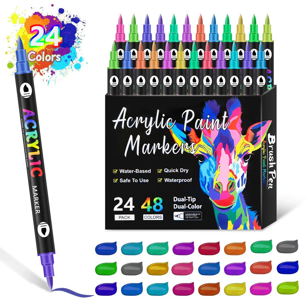 Set of double-headed acrylic marker pens showing fine and broad tips with opaque washable colours