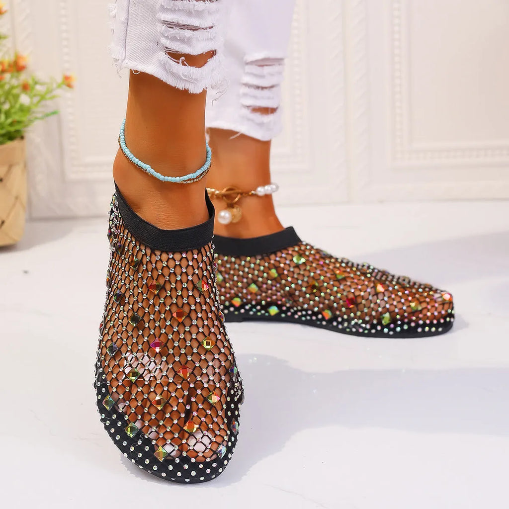 Women's mesh flat sandals with colourful rhinestone design and round toe
