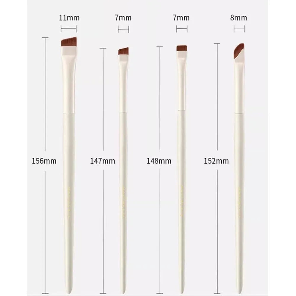 Four angled eyeliner and eyebrow brushes with fine tips in leather case for precise makeup application