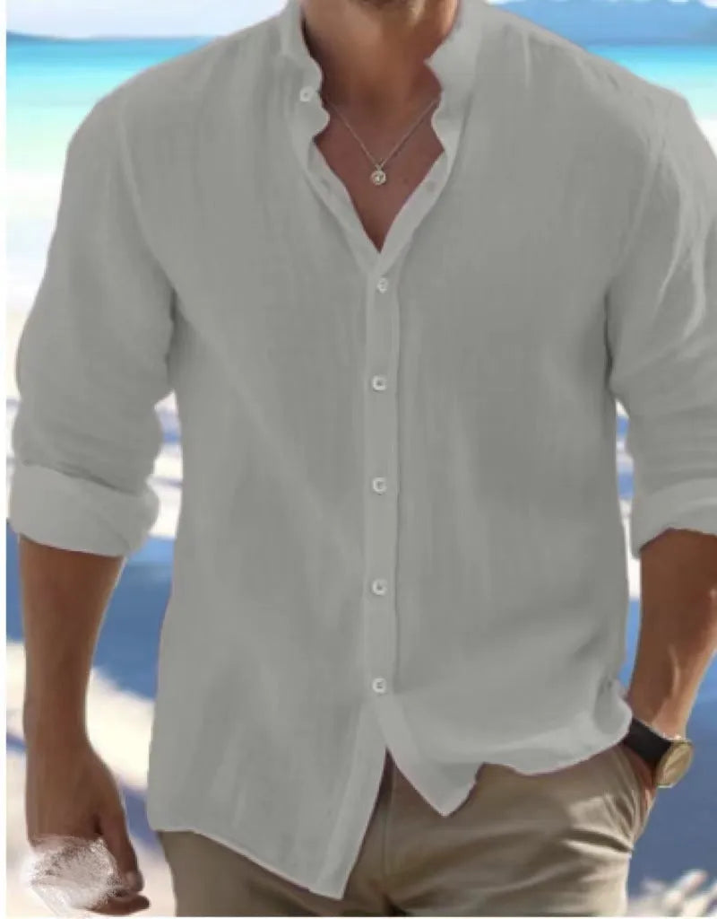 Men's long-staple cotton summer shirt in light blue with button front and casual collar