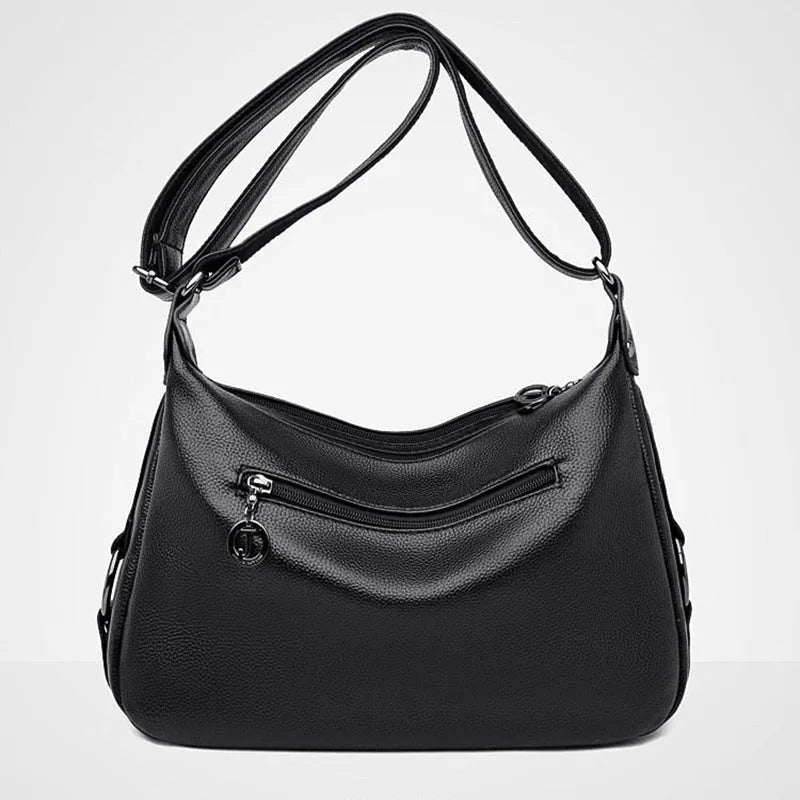 Large black or blue soft PU women's shoulder bag with crossbody strap and multiple internal pockets