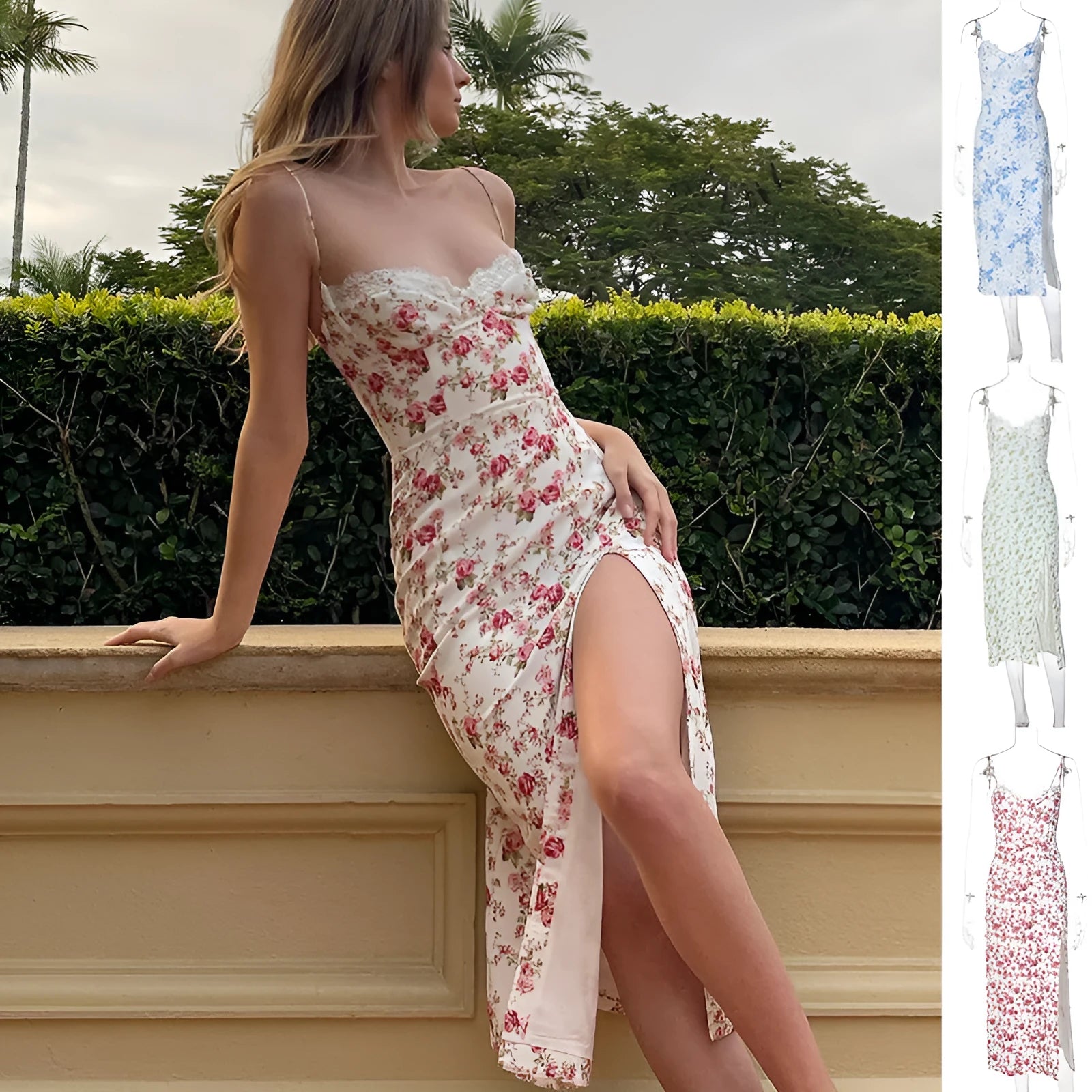 Lace flowers print long dress with high slit and suspender design in polyester fabric