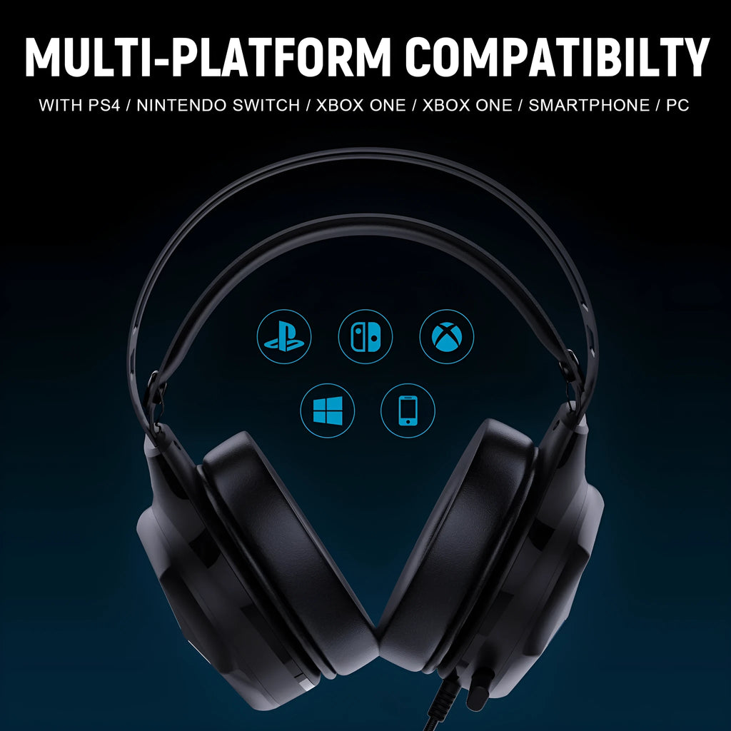 Multi In One wired gaming headphone with 3.5mm plug, over-ear protein PU leather earmuffs, and 50mm drivers.