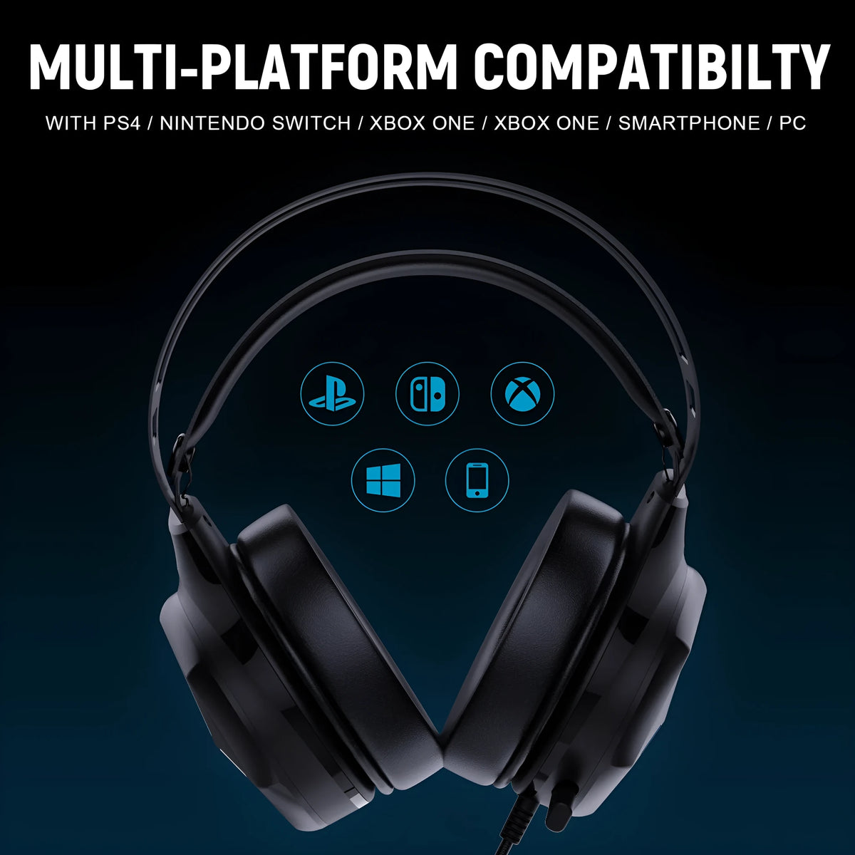Multi In One wired gaming headphone with 3.5mm plug, over-ear protein PU leather earmuffs, and 50mm drivers.