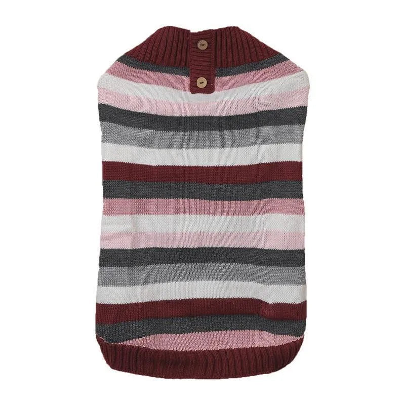 Grey dog sweater on a small breed, showing horizontal front zipper and chest pocket with button.