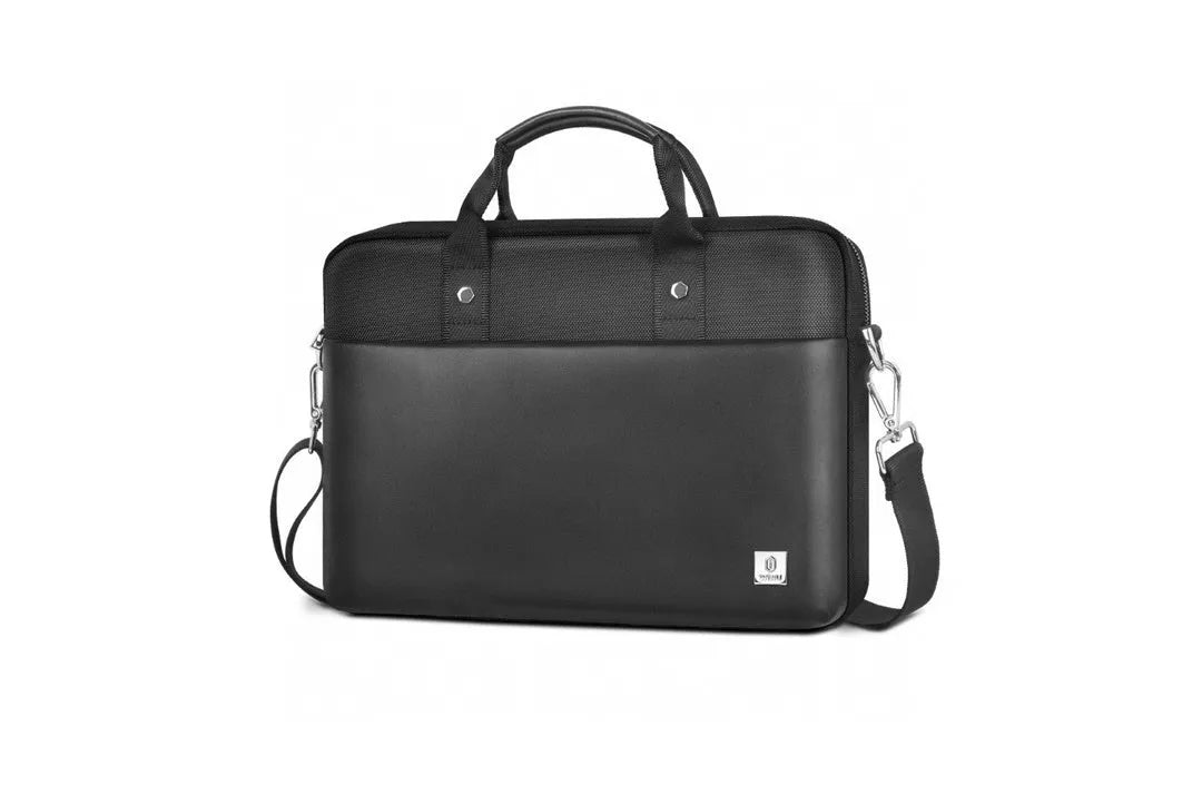 Black Oxford cloth laptop backpack showing multiple organisational pockets and a separate padded computer compartment.