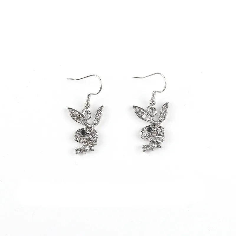 Cute rabbit stud earrings with diamond pattern in gold, pink, or silver alloy.
