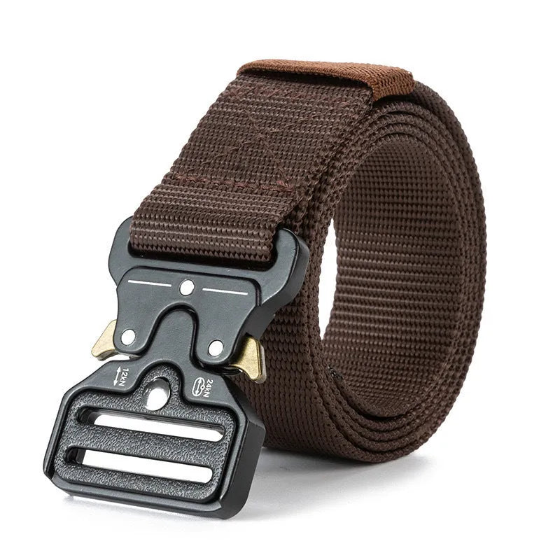 Men's canvas tactical belt in Army Green with an alloy release buckle, showing weave detail and length.