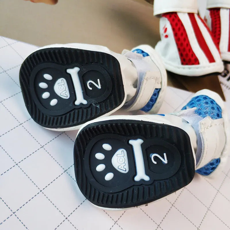 Blue zip-up dog shoes with a non-slip rubber sole, shown on a dog's paw.