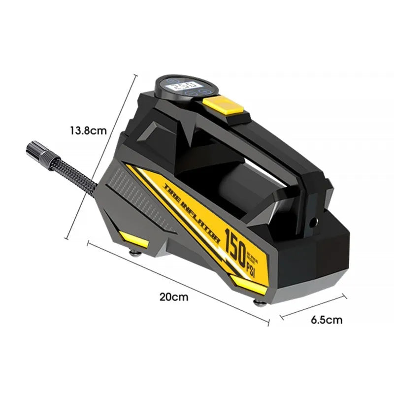 Black portable tyre inflator with digital display for vehicle and watercraft tyres