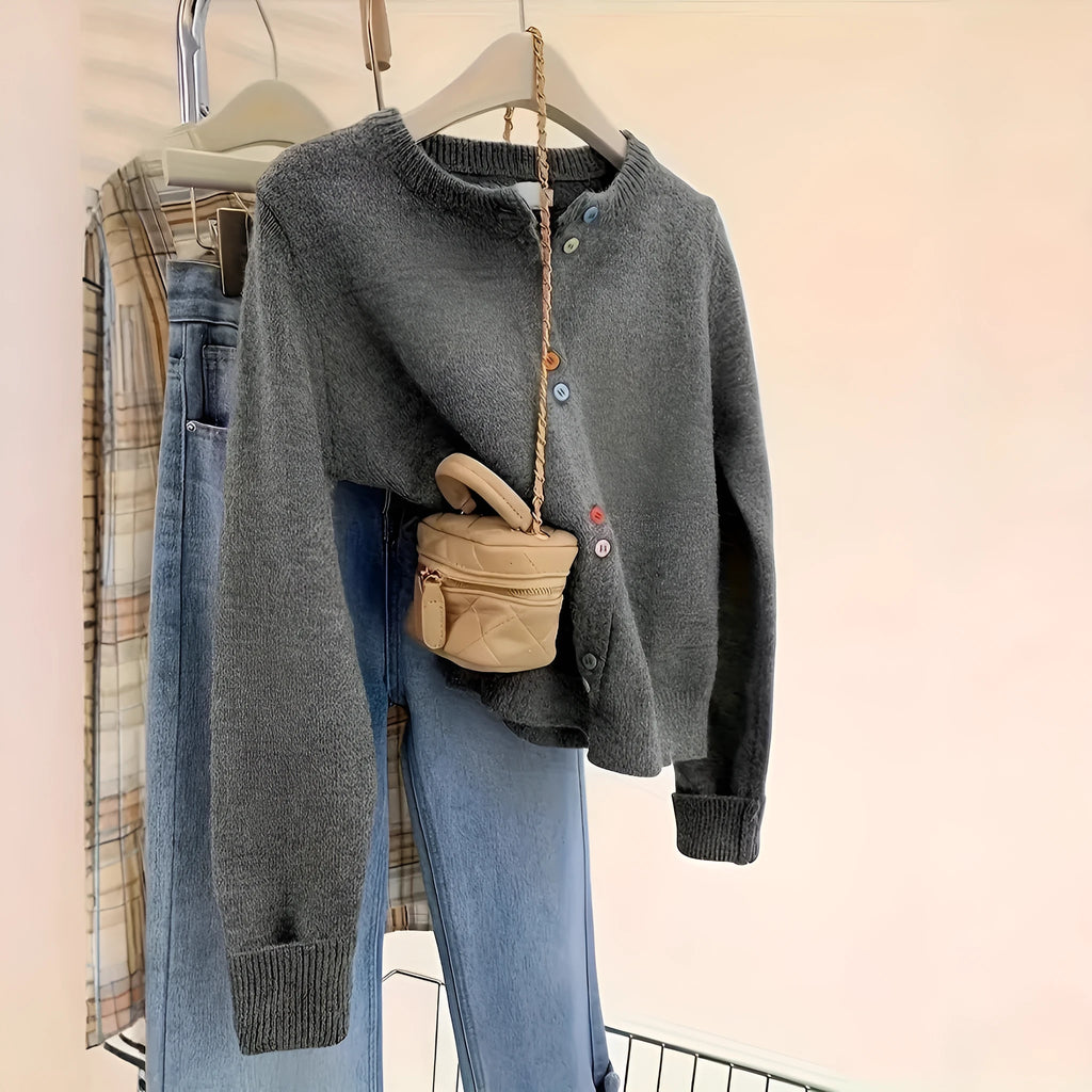Dark grey women's cardigan sweater with button front, regular length, Asian sizing options