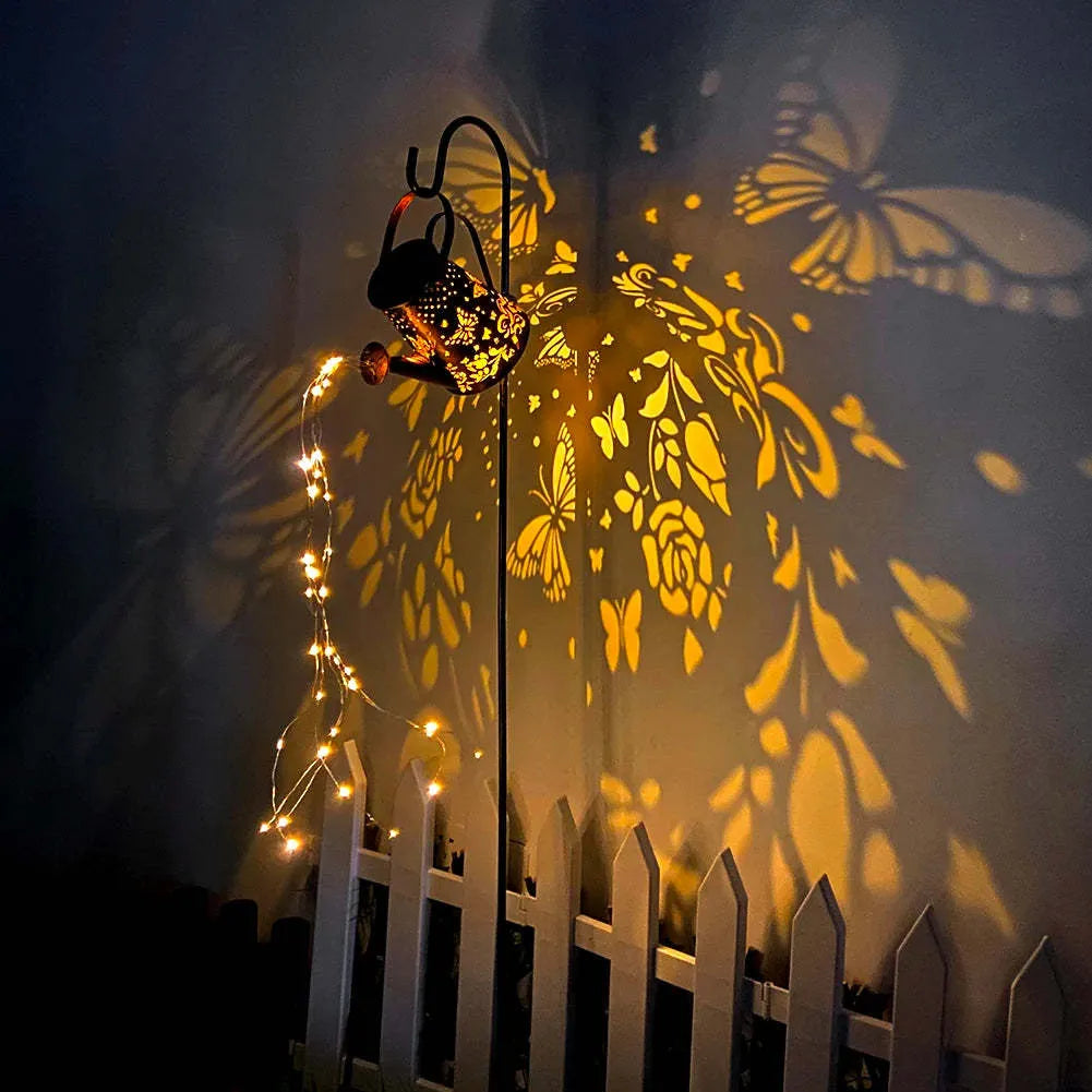 Solar garden lamp with iron butterfly pattern design and warm white LED lighting