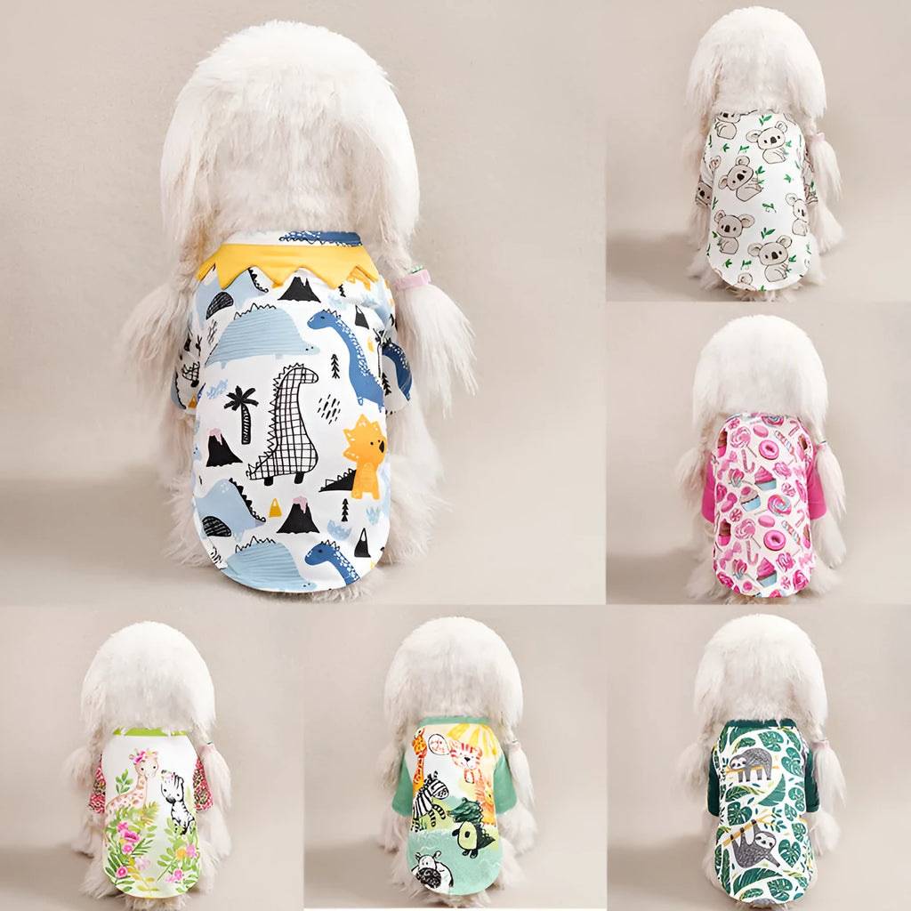 A small dog wearing a colourful printed polyester t-shirt, showing the casual spring and autumn pet clothing.